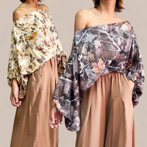 GYPSY Floral Printed Asymmetrical Shoulder Lantern Sleeve Blouse Top