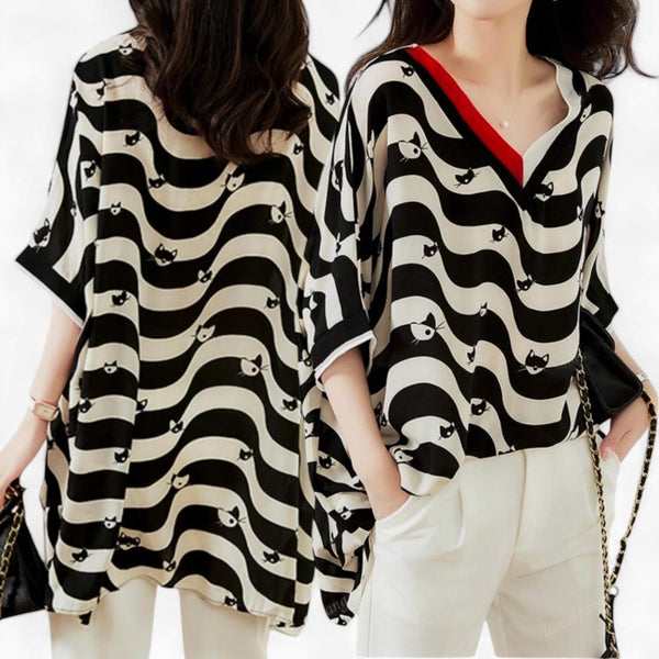 GYPSY Cat Stripes V Neck Batwing Loose Top