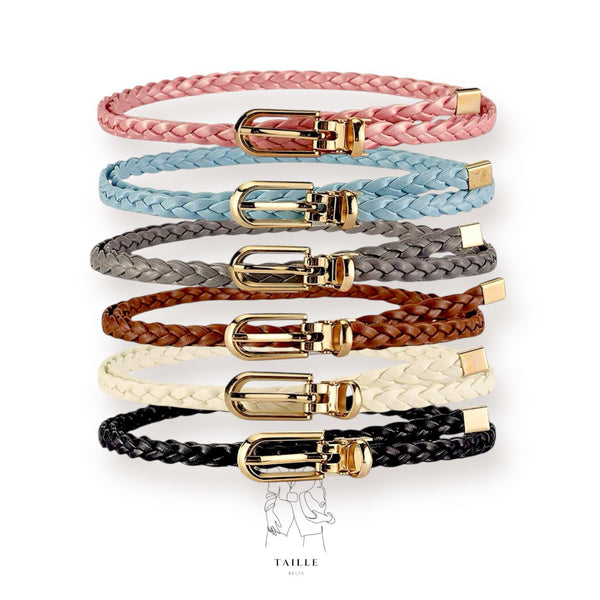 TAILLE Braided Leather Metal Buckle Skinny Colored Belt