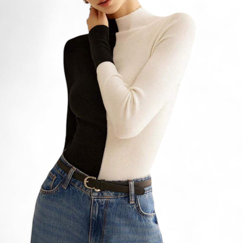 GBOSS Two Tone Mock Neck Long Sleeve Rib Knit Top