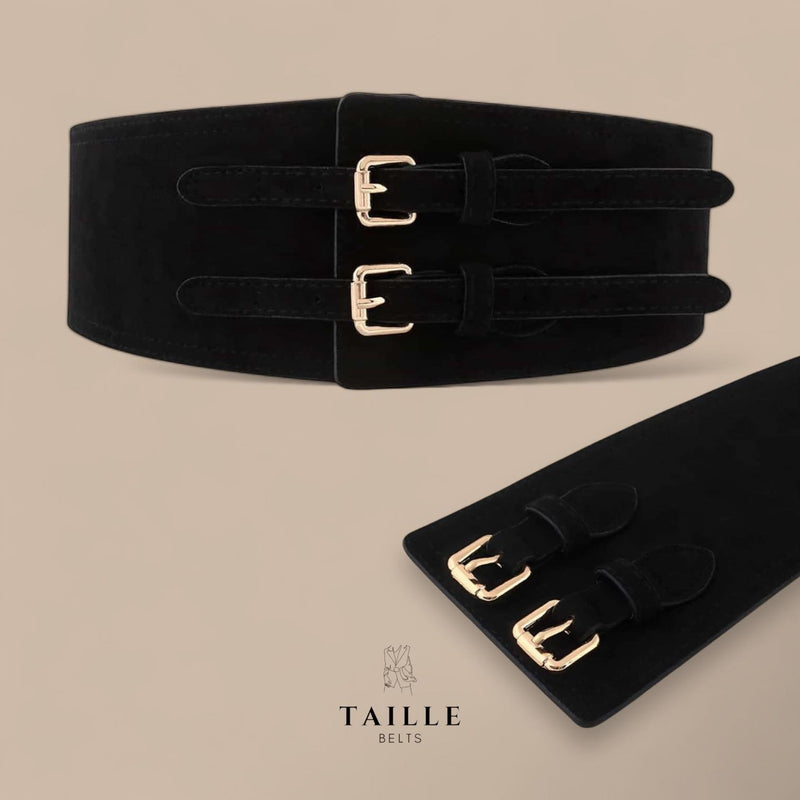 TAILLE Wide Suede with Elastic Back Double Buckle Obi Belt