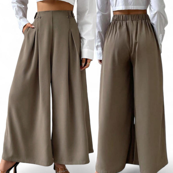 GBOSS Twill High Waist Fold Pleated Wide Leg Pants