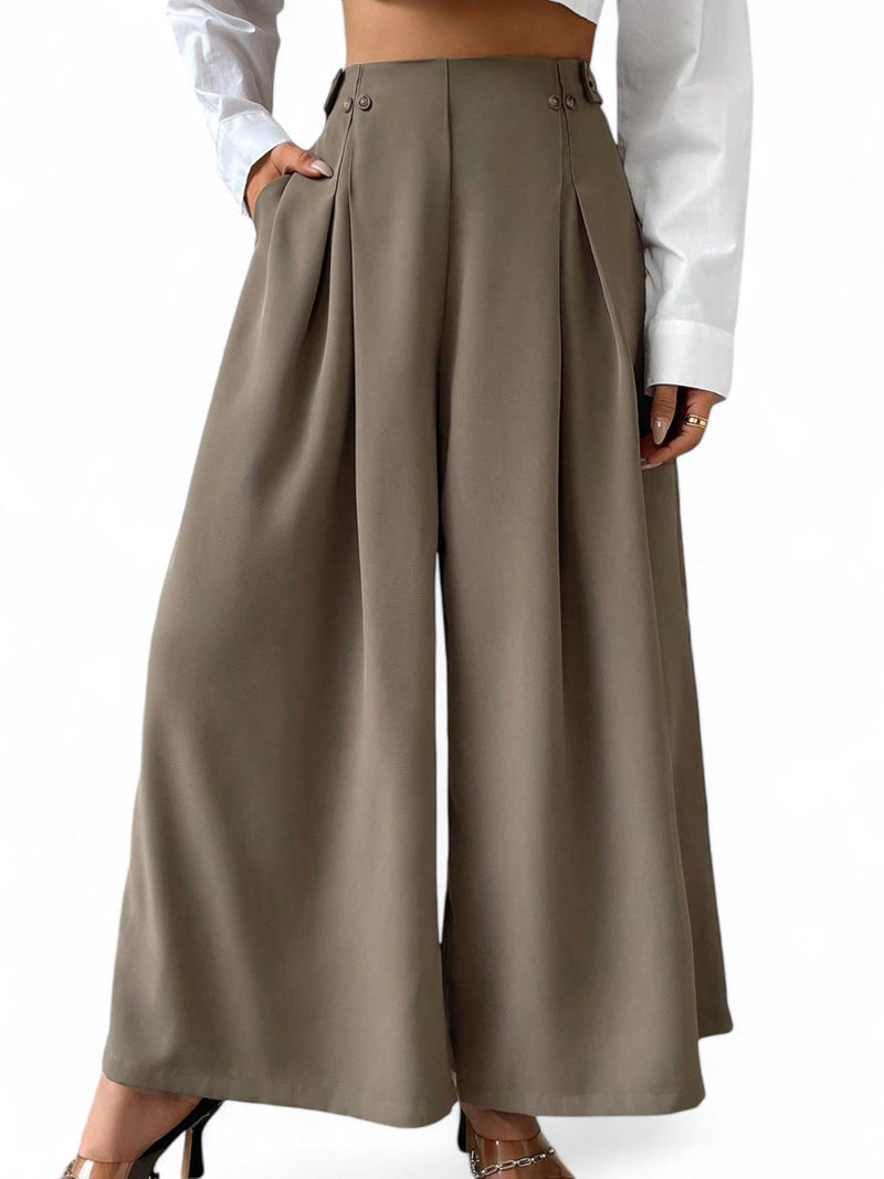 GBOSS Twill High Waist Fold Pleated Wide Leg Pants