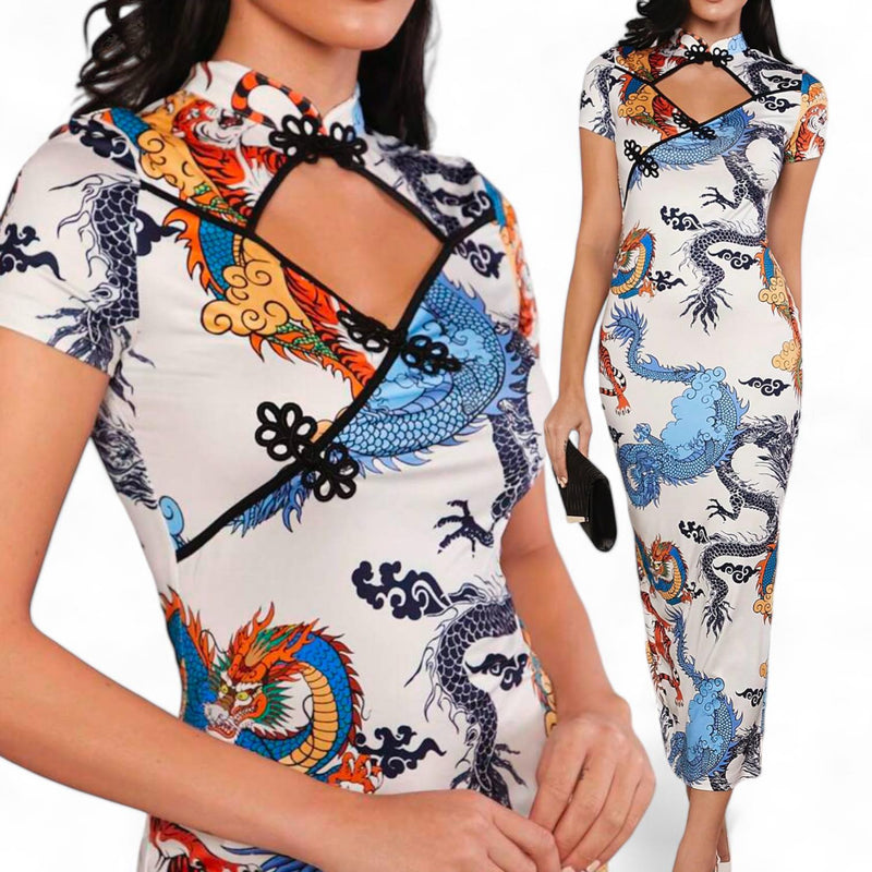 GYPSY Eastern Style Cheongsam Dragon Print Body Long Dress