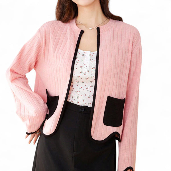 LOOM Sweet Pink Decor Hem Knitted Open Cardigan