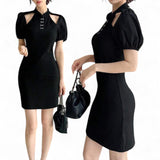 BLK Eastern Style Mock Neck Puff Sleeve Short Black Dress