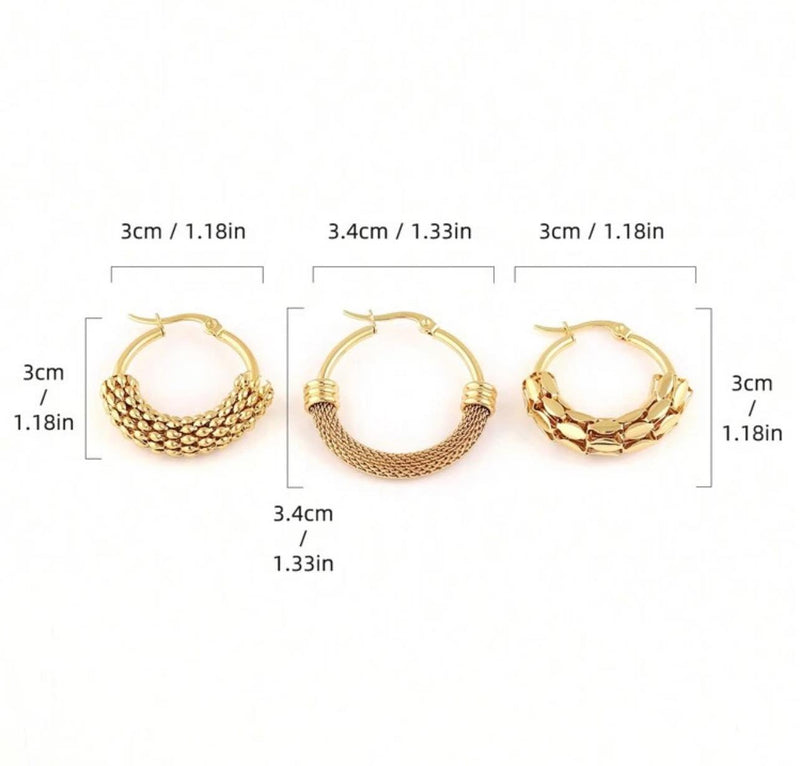 BLING 3Pairs Vintage Mini Hoops Stainless Earrings Set