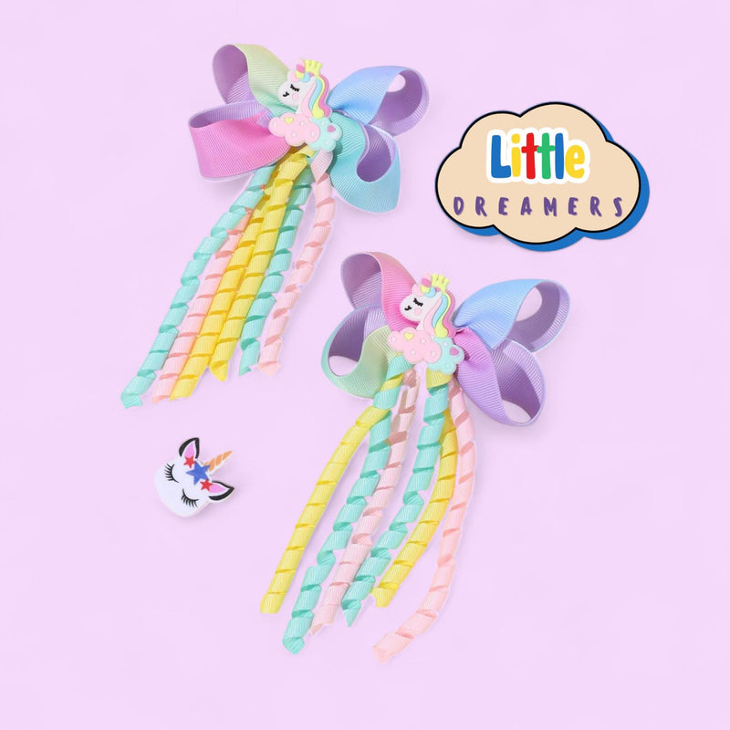 LITTLE DREAMERS Rainbow Curly 2pcs Ribbon Clip Hair Accessories for Kids