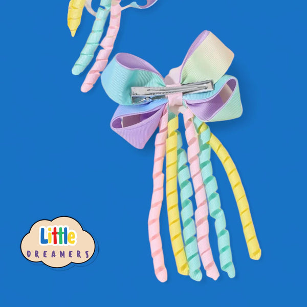 LITTLE DREAMERS Rainbow Curly 2pcs Ribbon Clip Hair Accessories for Kids