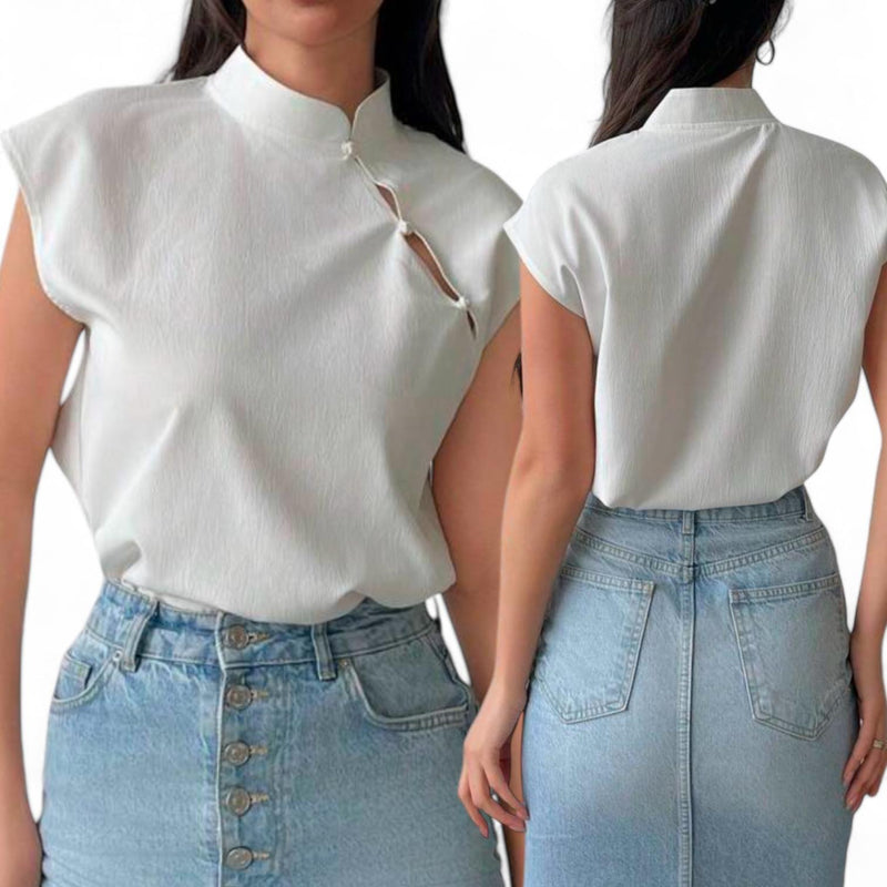 BLUSA Eastern Style Cheongsame Inspired White Classy Top