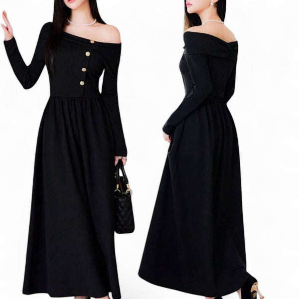 BLK Eastern Style Off Shoulder Flare Sleeves Long Black Dress