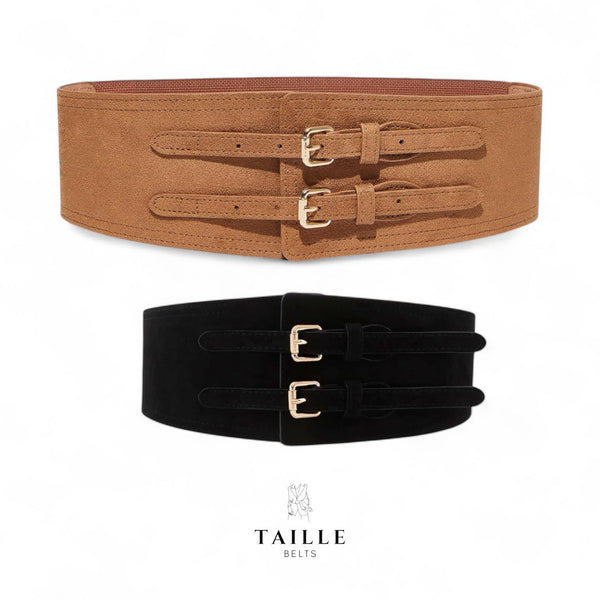 TAILLE Wide Suede with Elastic Back Double Buckle Obi Belt