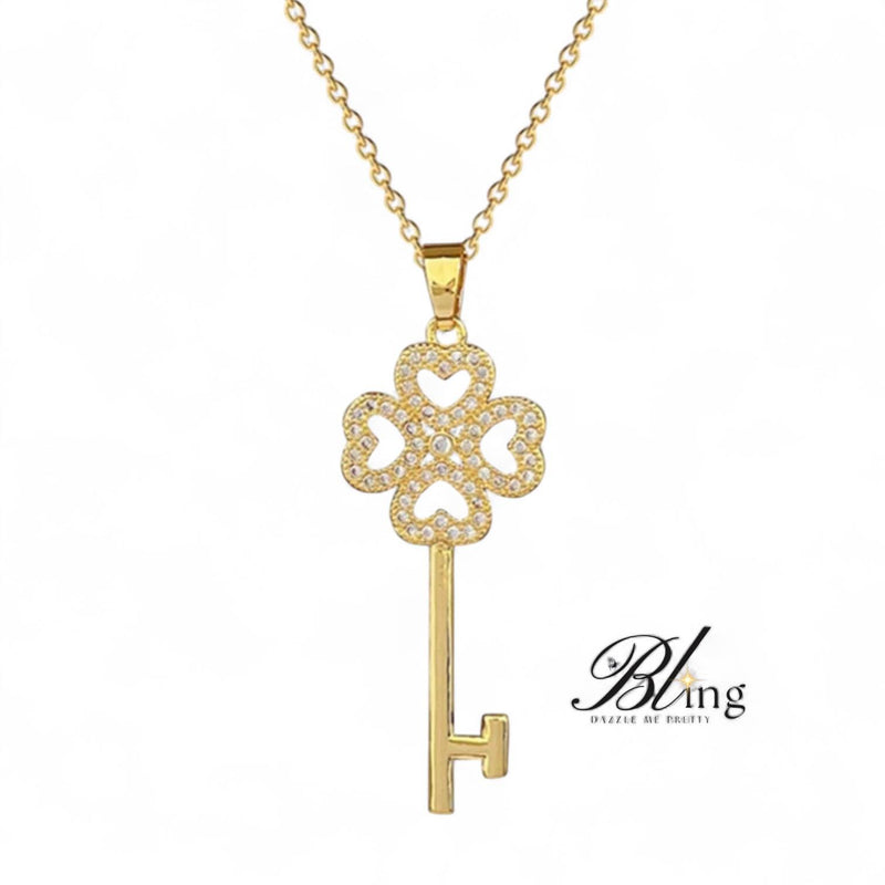 BLING Lucky Clover Key Pendant Stainless Steel Necklace