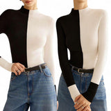 GBOSS Two Tone Mock Neck Long Sleeve Rib Knit Top