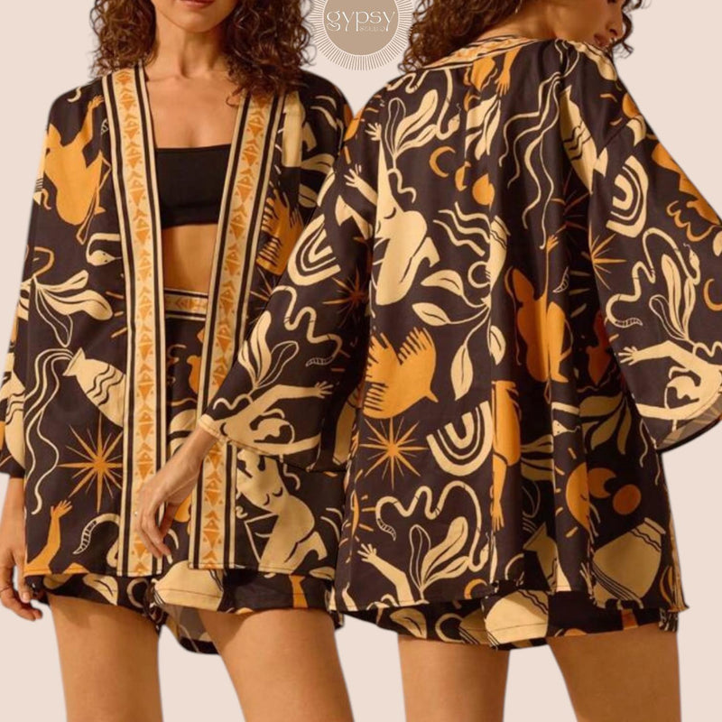 GYPSY Boho Abstract Print Loose Short Kimono