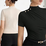 GBOSS Decor Ruched Shoulder Mock Neck Work Wear Knit Top