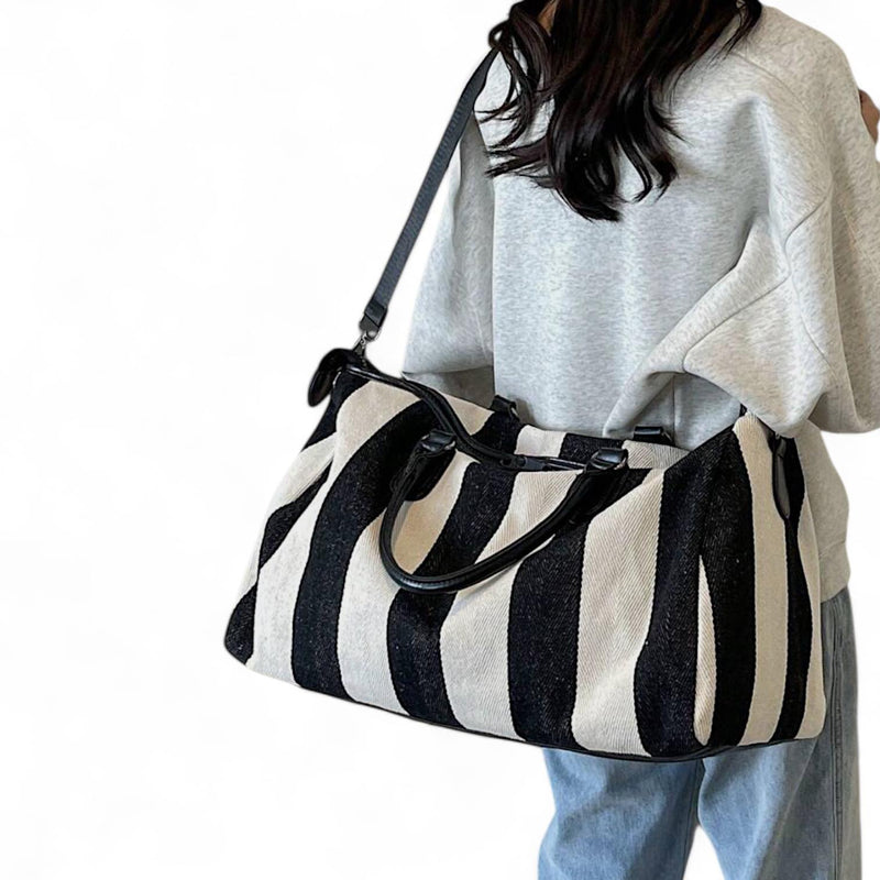 BOLSO Stripes Canvas Leather Duffle Carry On Travel Bag