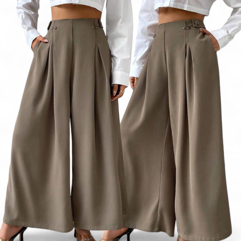 GBOSS Twill High Waist Fold Pleated Wide Leg Pants