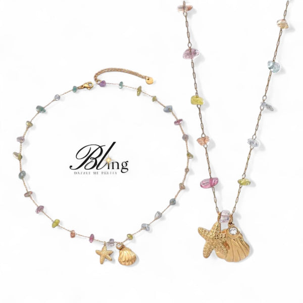 BLING Beach Vibe Crystal Pendants Chain Necklace 18k Gold Plated