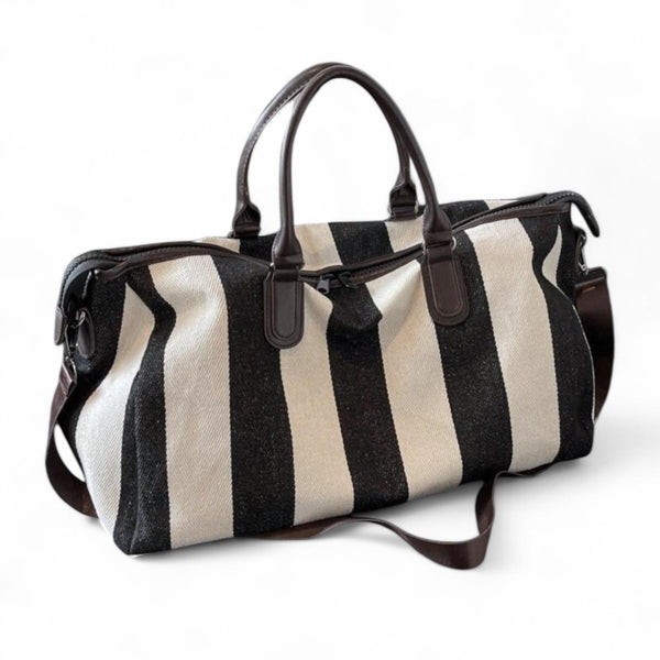 BOLSO Stripes Canvas Leather Duffle Carry On Travel Bag