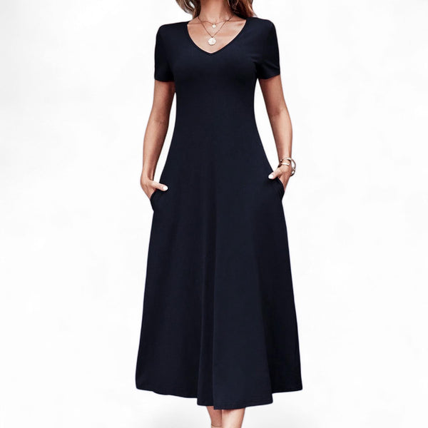 BLK V Neck Knit Soft Lounge Long Dress with Pockets