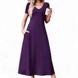 BLK V Neck Knit Soft Lounge Long Dress with Pockets