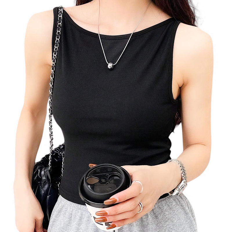 BLK Rib Knit Boat Neck Strap Casual Tank Top