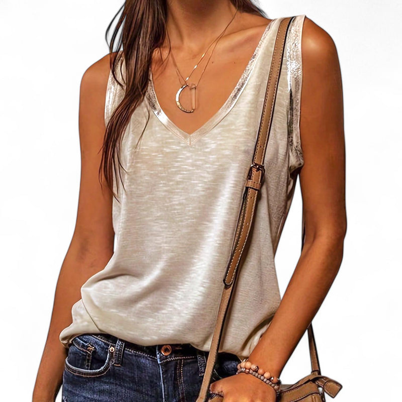 BLUSA Contrast Shiny Piping V Neck Textured Semi Sheer Tank Top