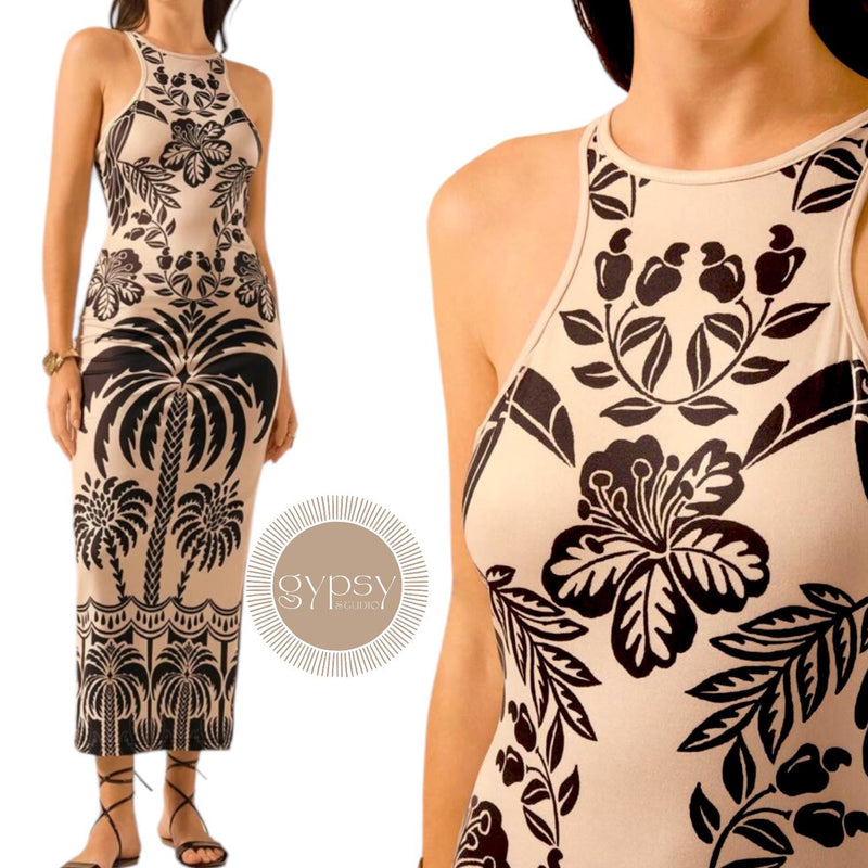 GYPSY Tropical Print Tribal Halter Bodycon Long Dress