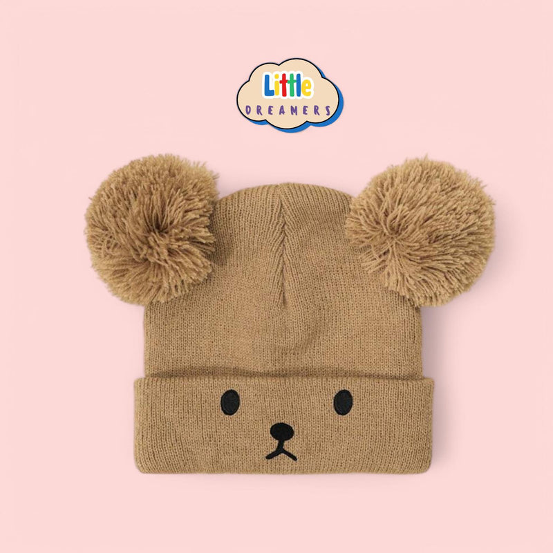 LITTLE  DREAMERS 3pc Cute Teddy Pompom Knitted Bonnet Hat for Baby 1-2y