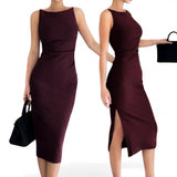 GBOSS Boat Neck Bodycon Side Slit Midi Dress with Stretch