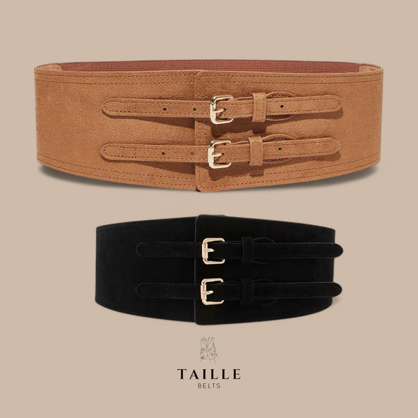 TAILLE Wide Suede with Elastic Back Double Buckle Obi Belt