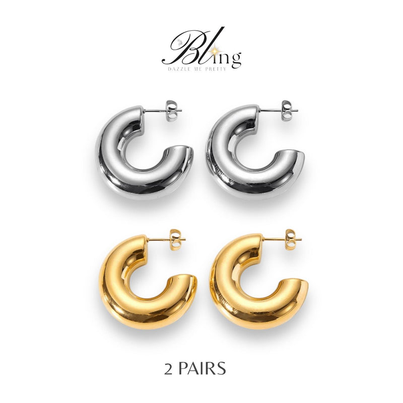 BLING 2Pairs Gold Silver Elegant Classic Stainless Earrings Set