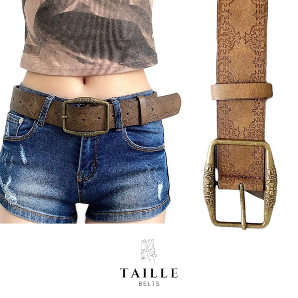 TAILLE Boho Vintage Engraved Pattern Buckle Leather Belt