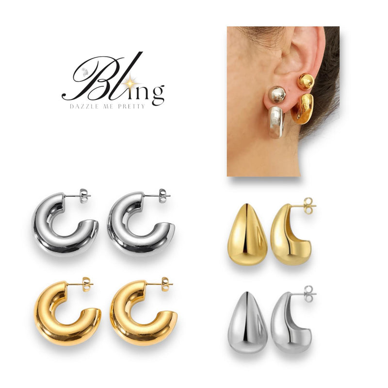 BLING 2Pairs Gold Silver Elegant Classic Stainless Earrings Set