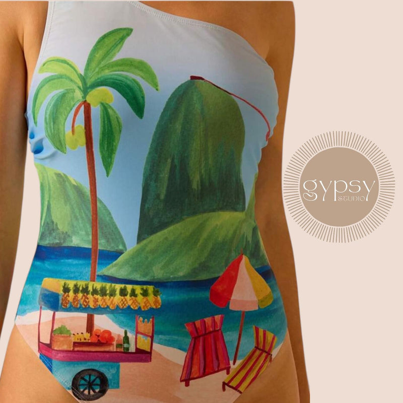 GYPSY Swim One Shoulder Island Beach Print One Piece Swimsuit