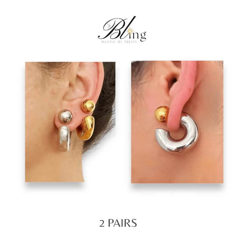 BLING 2Pairs Gold Silver Elegant Classic Stainless Earrings Set