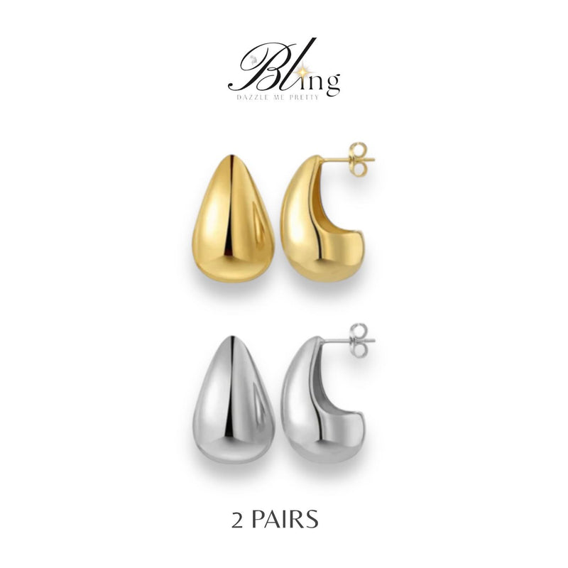 BLING 2Pairs Gold Silver Elegant Classic Stainless Earrings Set