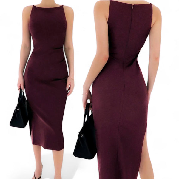 GBOSS Boat Neck Bodycon Side Slit Midi Dress with Stretch