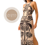 GYPSY Tropical Print Tribal Halter Bodycon Long Dress