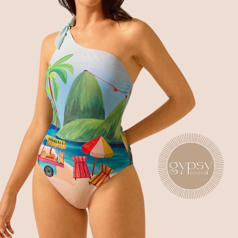 GYPSY Swim One Shoulder Island Beach Print One Piece Swimsuit