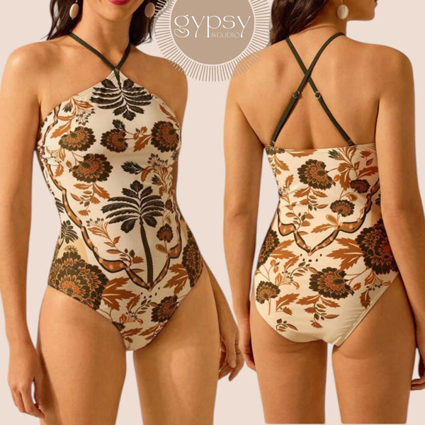 GYPSY Swim Halter Boho Print One Piece Swimsuit