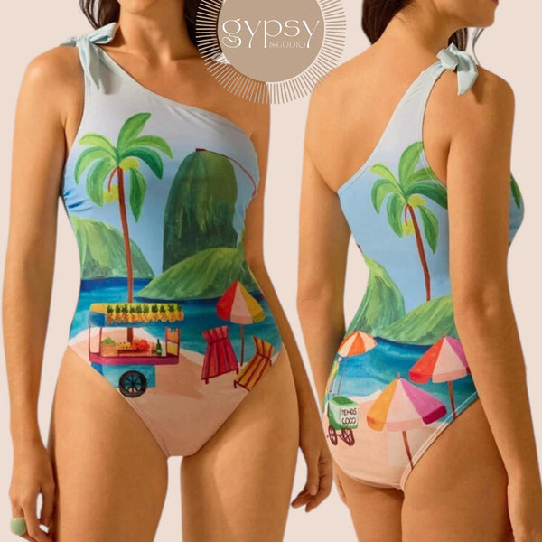 GYPSY Swim One Shoulder Island Beach Print One Piece Swimsuit