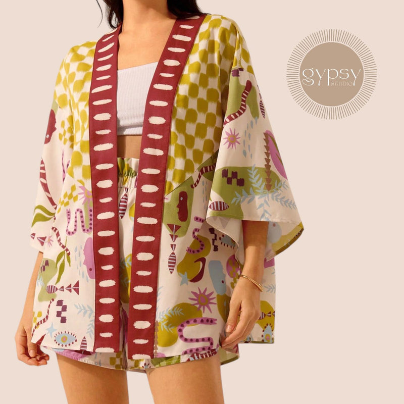 GYPSY Boho Abstract Print Loose Short Kimono