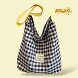 BOLSO Preppy Retro Plaid Fabric Bucket Bag