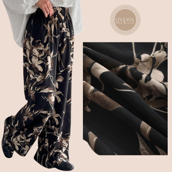 GYPSY Black Floral Printed Wide Leg Elastic Waist Pants