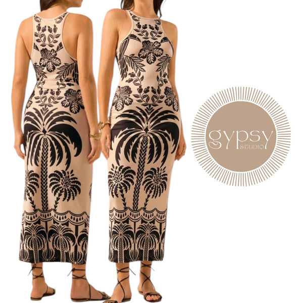 GYPSY Tropical Print Tribal Halter Bodycon Long Dress