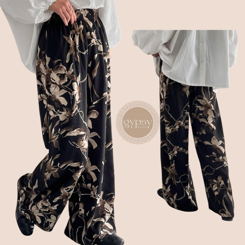 GYPSY Black Floral Printed Wide Leg Elastic Waist Pants