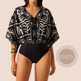 GYPSY Swim V Neck Tie Up Batwing Tropical Print One Piece Swimsuit