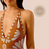 GYPSY Swim Tan V Neck Halter Boho One Piece Swimsuit